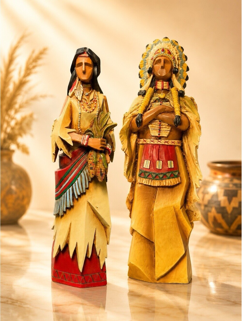 Pacific Rim 1990s Set Of 2 Cubist Native American Figurines Faux Wood Resin